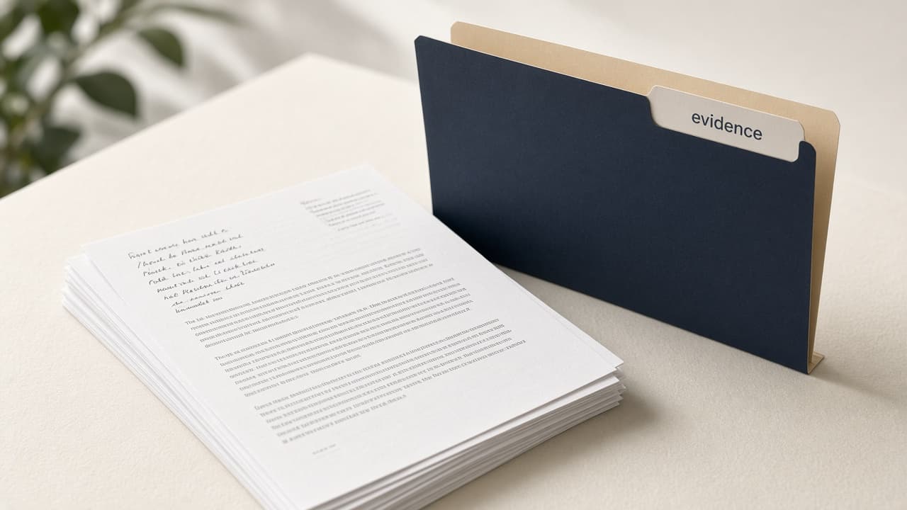 Papers and an evidence folder on a desk